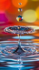 Poster - Water droplets leap gracefully from a smooth surface, forming elegant ripples that capture vibrant reflections, showcasing nature's beauty in motion and color