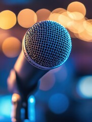 Fototapete - Close up of a microphone set against a colorful bokeh backdrop in a performance venue during a live music event. Generative AI