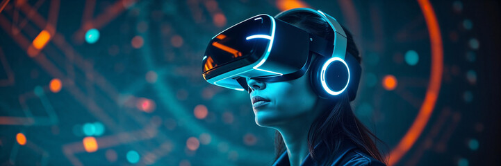 Young woman wearing futuristic AR Headset. banner