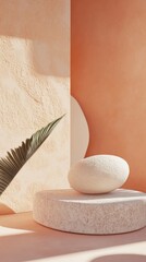 Wall Mural - Soft peach palette with abstract shapes enhances the serene composition of a stone object on a circular pedestal