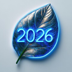 Wall Mural - a futuristic metallic leaf design with neon lighting representing the year 2026, symbolizing environ