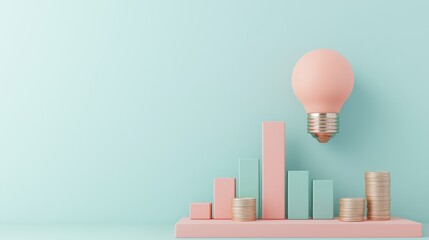 Wall Mural - creative business concept with a light bulb, growth bars, and coins on a pastel background for inspi