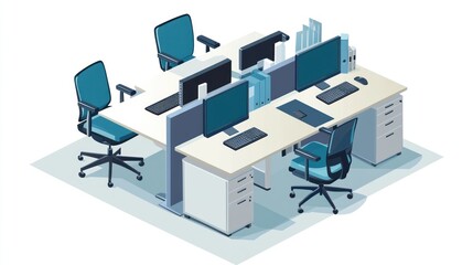 Poster - Modern office teamwork, four desks, computers, productivity