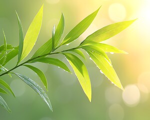 Poster - Dewy bamboo leaves, sunrise, garden, bokeh background, nature banner