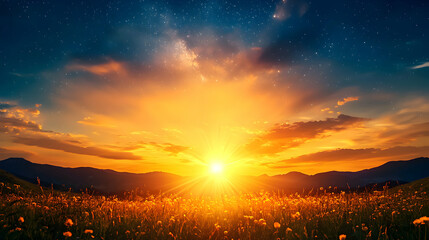 Wall Mural - Vibrant Sunset Over a Flower Field and Mountains