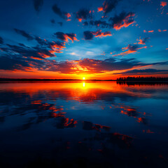Wall Mural - Vibrant Sunset Over Calm Lake Water Reflection