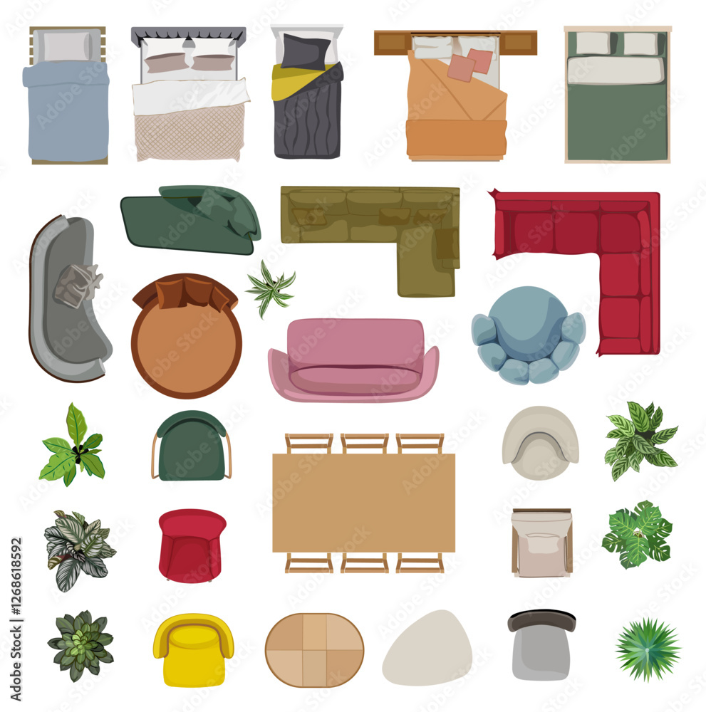 Top view of furniture for interior design plan, apartment project. Sofa ...