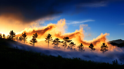 Wall Mural - Vibrant Sunset Over Foggy Mountain Landscape
