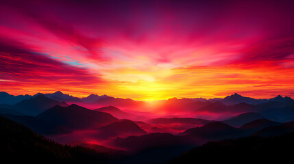 Wall Mural - Vibrant Sunset Over Misty Mountains