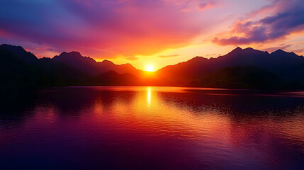 Wall Mural - Vibrant Sunset Over Mountains Reflected in Still Lake Water