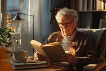 Leinwandbilder - Elderly man reading book in cozy living room with warm sunlight in afternoon hours. Generative AI
