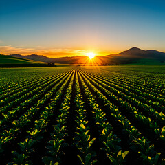 Wall Mural - Vibrant Sunset Over Rows of Green Crops in a Rural Field