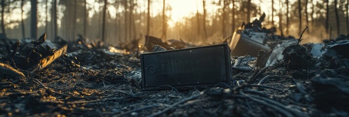 Poster - Black box recorder rests among wreckage of an aircraft in forested crash site at dusk. Generative AI