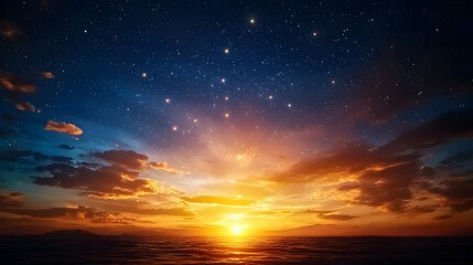 Wall Mural - Vibrant Sunset Over the Ocean with Starry Night Sky
