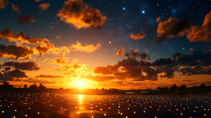 Wall Mural - Vibrant Sunset with Starry Night Sky and Water Reflections