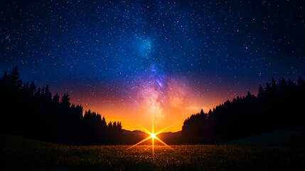 Wall Mural - Vibrant Sunset with Milky Way Galaxy over Silhouetted Trees