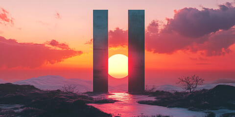 Wall Mural - Monumental sunset: Two pillars frame a radiant sun, painting the sky with hues of orange and pink. A serene landscape enhances the scene.