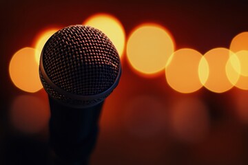 Fototapete - Close up view of a microphone with glowing lights in the background during a live music performance. Generative AI