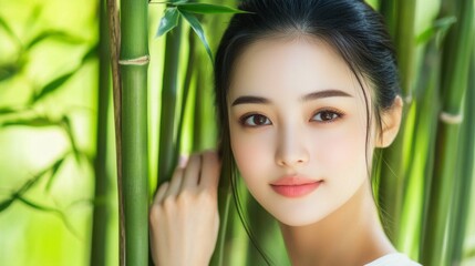 Aufkleber - A young Asian model stands elegantly among tall bamboo stalks, her serene expression reflecting the calm of the lush, green surroundings. The natural light beautifully highlights her features