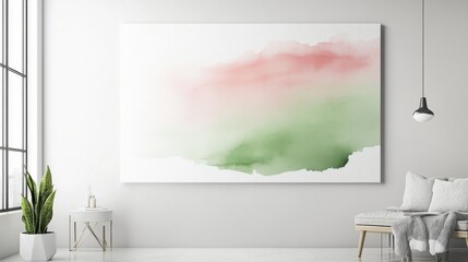 Bold watercolor stroke in gradient green and pink enhances minimalist white canvas in modern interior space