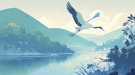 Wall Mural - Crane flying serene mountain lake landscape