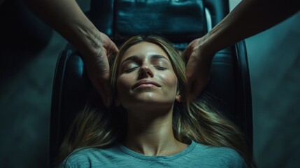 Poster - In a cozy dark spa, a young woman reclines in a comfortable chair, eyes closed, savoring the calming sensation of a rejuvenating massage that eases her stress and tension
