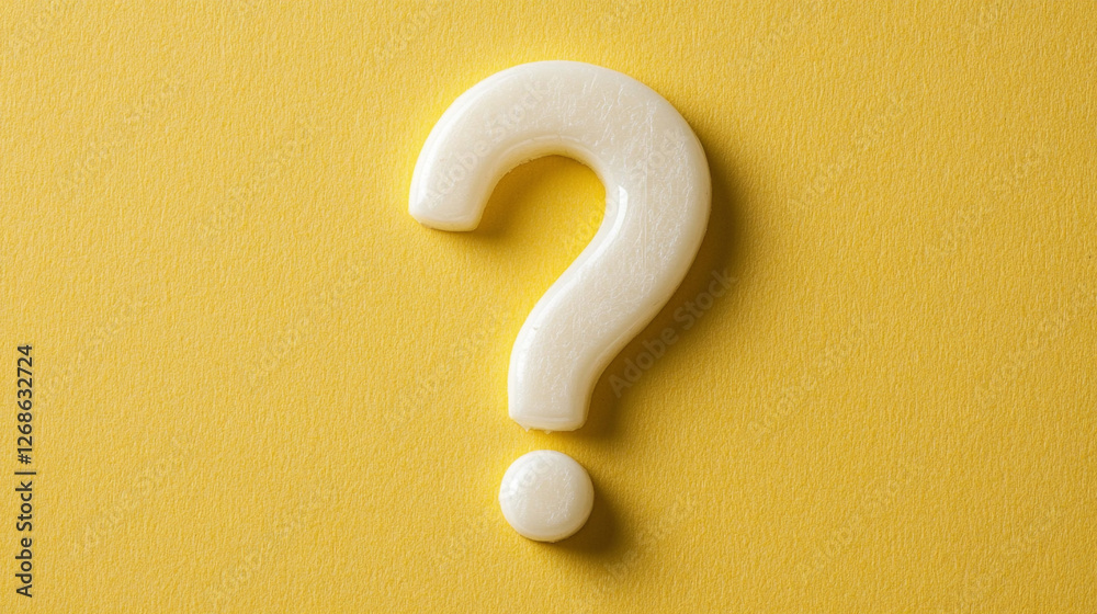 Isolated white question mark on a bright yellow background casting ...