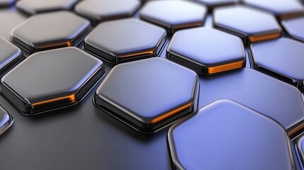 Poster - Abstract background of metallic gray and blue hexagons with orange accents. Close up view of repeating geometric pattern with glossy texture and
