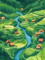 Wall Mural - River flows through lush rice terraces, village homes