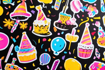 Poster - Festive celebration stickers featuring colorful balloons, cakes, party hats, and confetti for various occasions. Generative AI