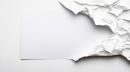 Poster - Blank white card partially obscured by crumpled white paper on a textured white background. Clean, minimalist design ideal for presentations or
