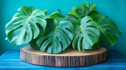 Poster - Lush Monstera Leaves on Rustic Wooden Slab