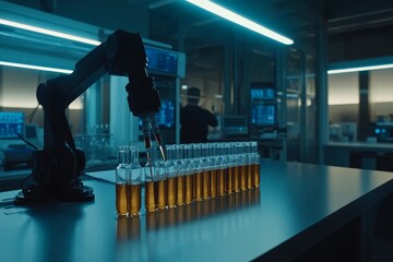 Poster - Robotic Arm Working in Modern Laboratory with Glass Vials and Liquid