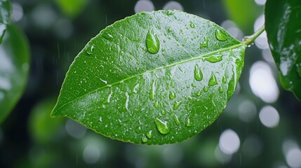 Wall Mural - Close up of a vibrant green leaf, glistening with water droplets, set against a blurred background, suggesting a rainy day in a garden