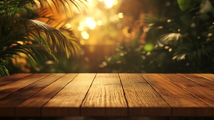 Canvas Print - Empty wooden table against blurred tropical background.