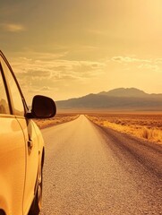 Poster - Driving along a desert road under warm orange skies with distant mountains creating a serene landscape view. Generative AI
