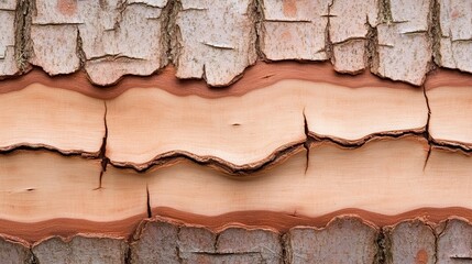 Poster - Close up view of tree bark texture. The image displays a detailed view of light brown and beige bark with horizontal lines and cracked patterns. The
