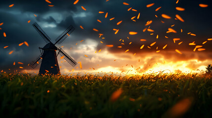 Wall Mural - Windmill Silhouette in Orange Sunset Field