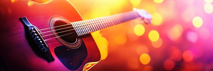 Fototapete - Acoustic guitar on display with vibrant bokeh lights shining in the background during a lively music event. Generative AI
