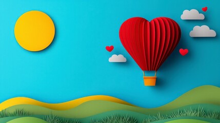 Wall Mural - A heart shaped hot air balloon floats over stylized green hills and a blue sky with a yellow sun. A simple, playful illustration