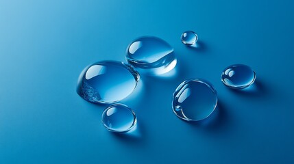 Poster - Radiant water droplets of varying sizes rest lightly on a smooth azure surface, capturing the ambient light beautifully. Their reflections create a mesmerizing display of nature’s artistry