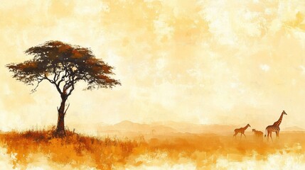 Poster - Serene giraffe family grazing under a solitary tree in a golden savanna landscape at sunset. Generative AI