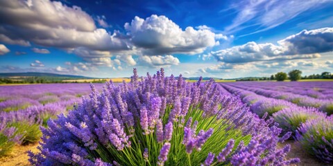 Wall Mural - Freshly harvested lavender flowers in a field with a bright blue sky and fluffy white clouds , garden, purple,  garden, purple