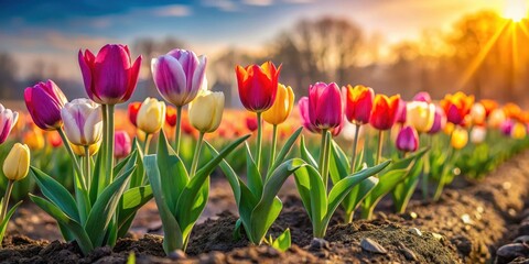 Wall Mural - A delicate row of tulip flowers in vibrant colors stretching across a flat field with gentle sunlight and soft focus, floral arrangement, colorful