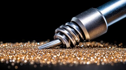 Poster - close up view of a metallic tool with a pointed tip resting on a bed of golden glittering particles 