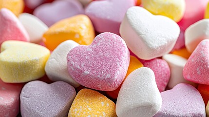 Canvas Print - Close up view of numerous heart shaped candies in pastel colors. The candies have a slightly grainy texture and appear sweet and sugary.  A variety