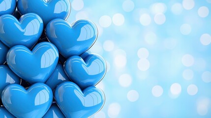 Wall Mural - Close up view of numerous light blue glossy hearts arranged together against a blurred light blue bokeh background. The hearts are shiny and three