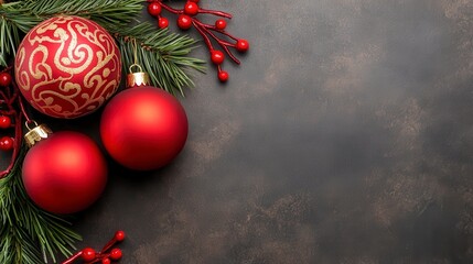 Canvas Print - Red and gold holiday decorations rest on a dark brown textured background, accompanied by pine branches and red berries. The image is perfect for