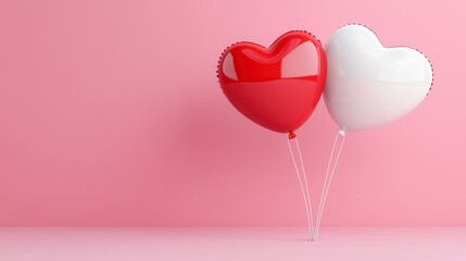 Wall Mural - Red and white heart shaped balloons float against a pink background. Simple, minimalist, romantic scene