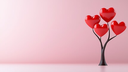 Wall Mural - Red heart shaped balloons decorate a minimalist black tree against a soft pink background. A simple, romantic image perfect for Valentine's Day or